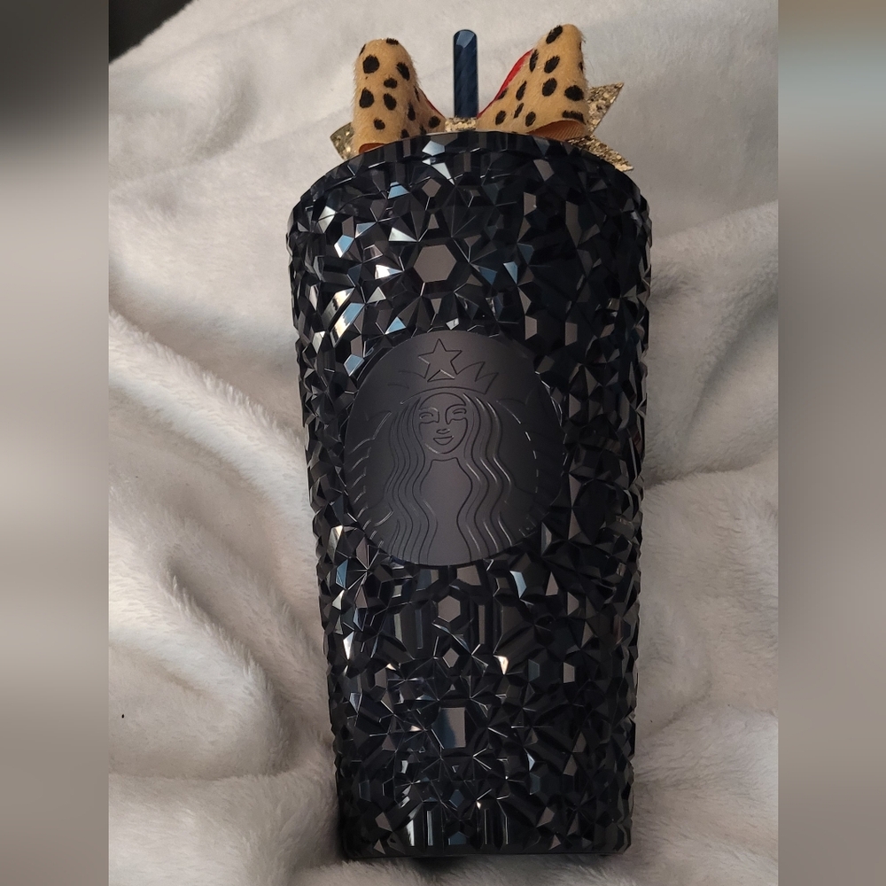 NWT-Starbucks Black Studded Tumbler with Leopard Bow